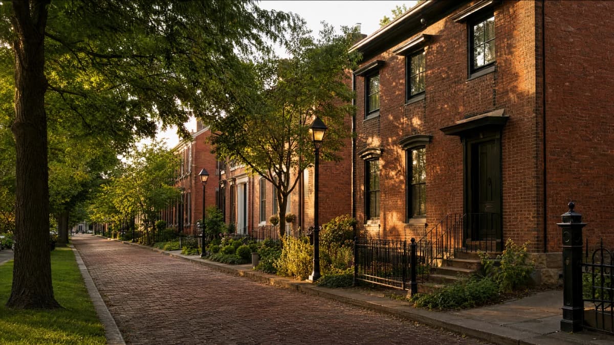 AI-generated illustration of brick homes along a tree-shaded residential sidewalk in warm evening light.