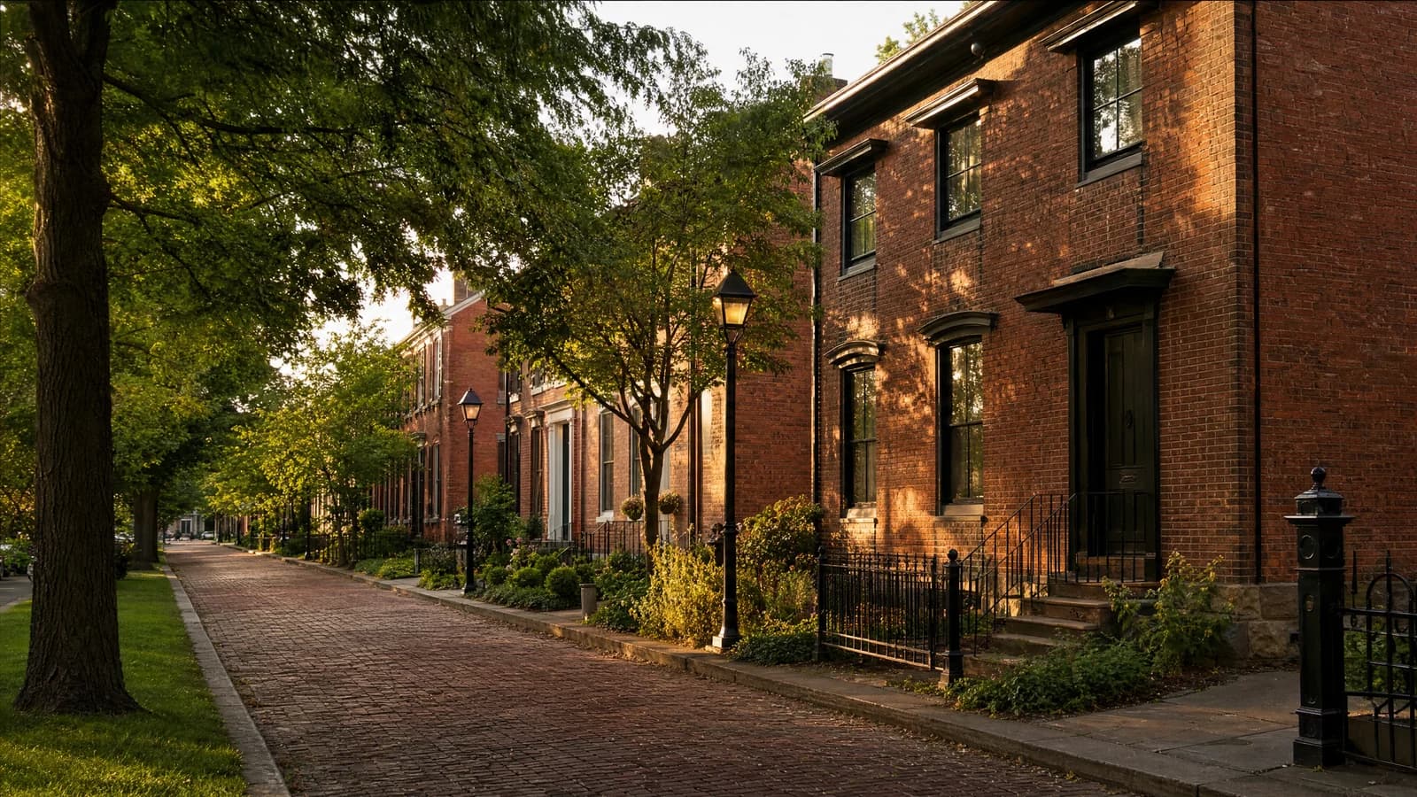 A German Village street with several distinct historic homes and mature trees.
