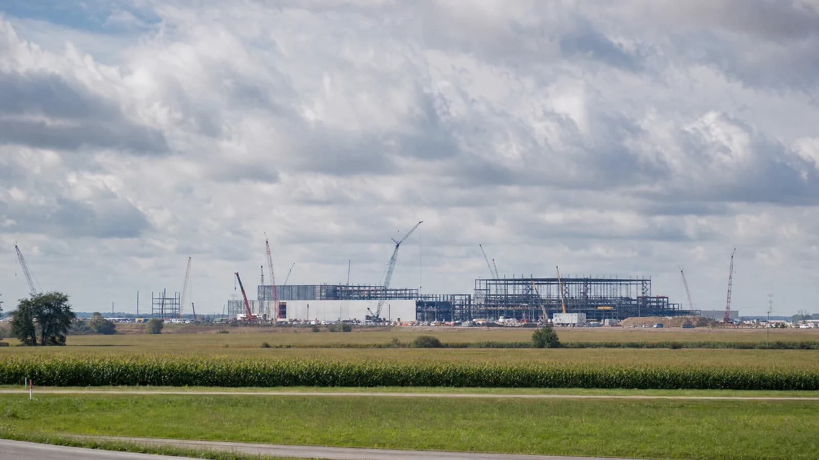 Semiconductor construction foundations beside agricultural land in Licking County.