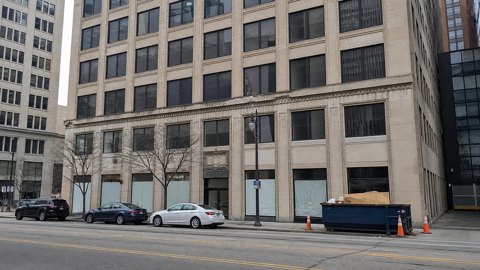 Editorial view of 280 N. High St. tower and Arena District streetscape in Arena District, Ohio.