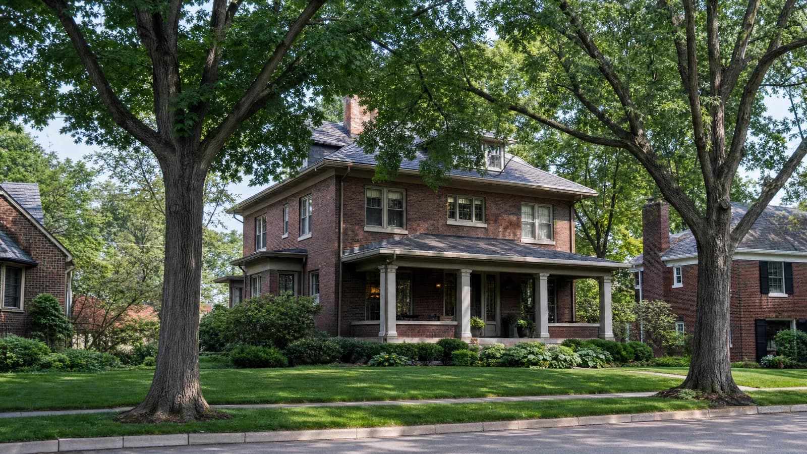 Editorial view of distinct Bexley houses and tree-lined residential street in Bexley, Ohio.