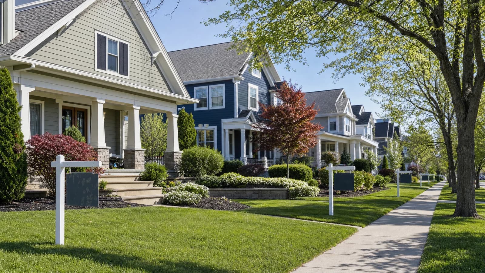 Editorial view of varied Central Ohio homes and multiple distinct listing signs in Central Ohio, Ohio.