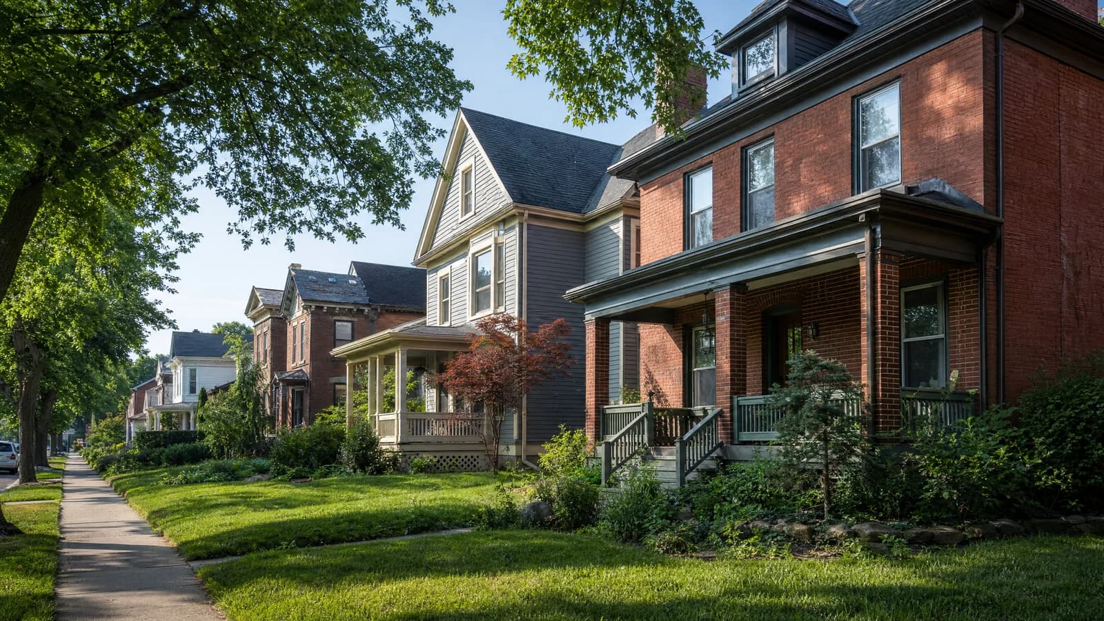 Editorial view of different Clintonville homes and neighborhood street near High Street in Clintonville, Ohio.
