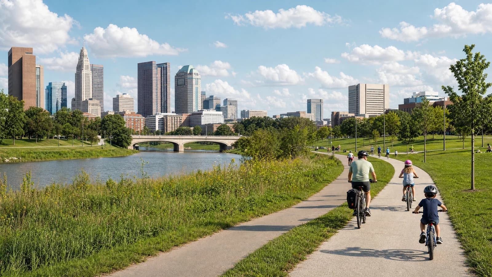 Editorial view of Scioto River at Great Southern and distinct park trail and playground in South Columbus, Ohio.