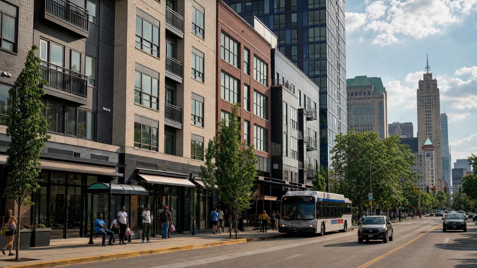 Editorial view of Columbus mixed-use corridor and distinct apartment and storefront forms in Columbus, Ohio.