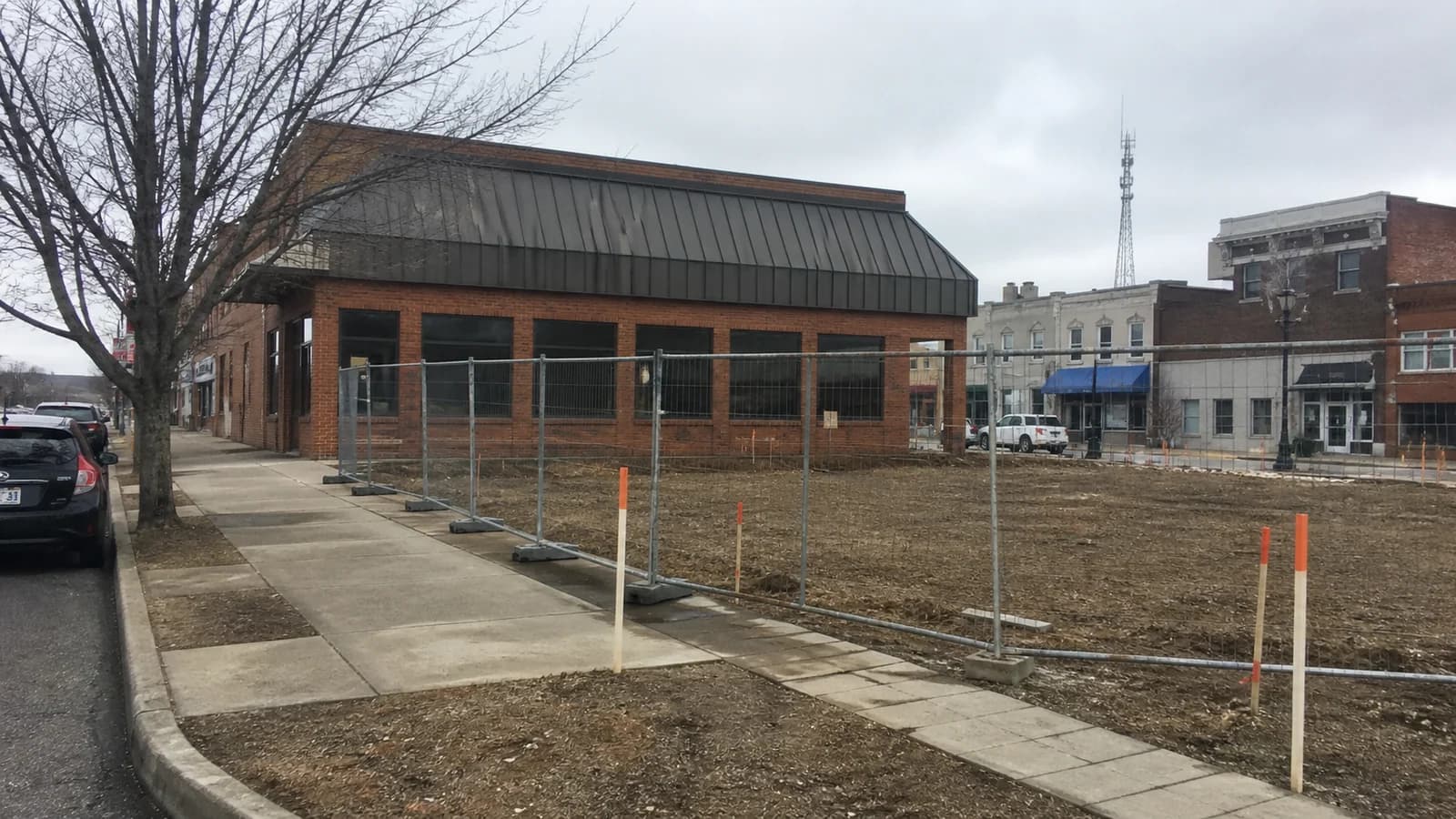 Editorial view of former Chase branch at 4056 E. Main St. and conceptual mixed-use street frontage in Hilliard, Ohio.