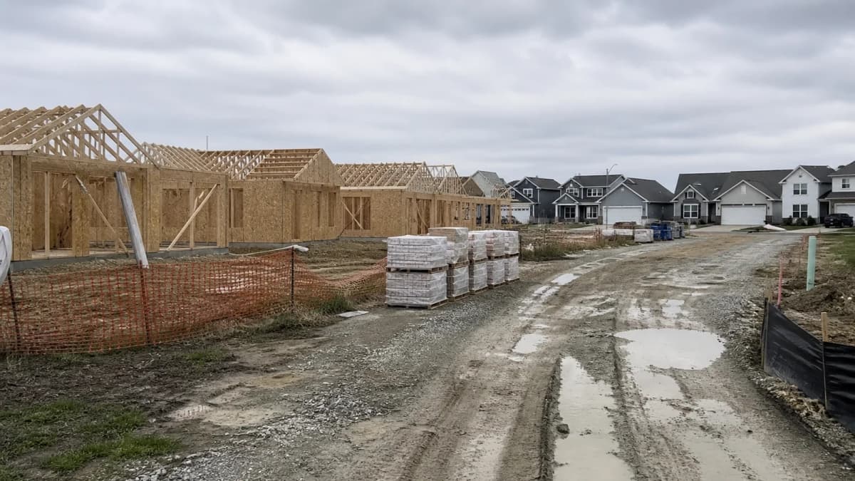 AI-generated illustration of wood-framed housing construction beside a muddy access road.