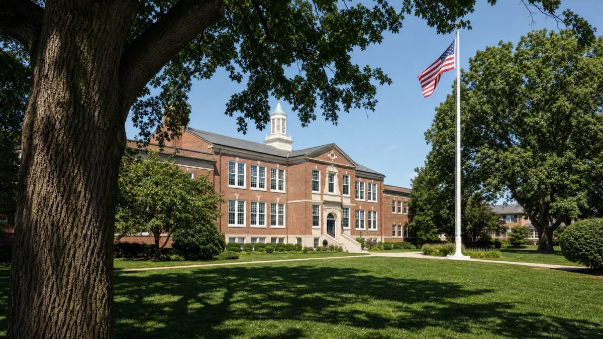 AI-generated illustration of a brick school-style building with a lawn, trees and a flagpole.