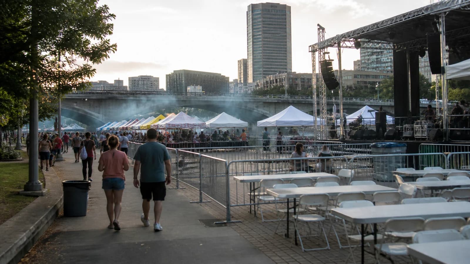 Festival stages and barbecue vendors along the Scioto Mile in Columbus.
