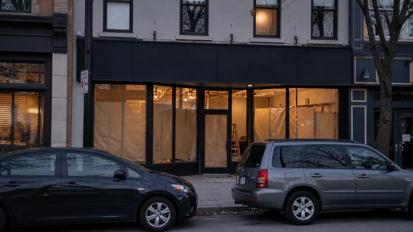 Editorial view of 965 North High Street storefront and single realistic bowl of ramen in Short North, Ohio.