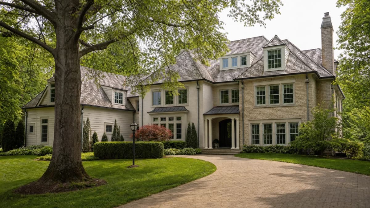 AI-generated illustration of a large detached house with mature trees, landscaping and a driveway.