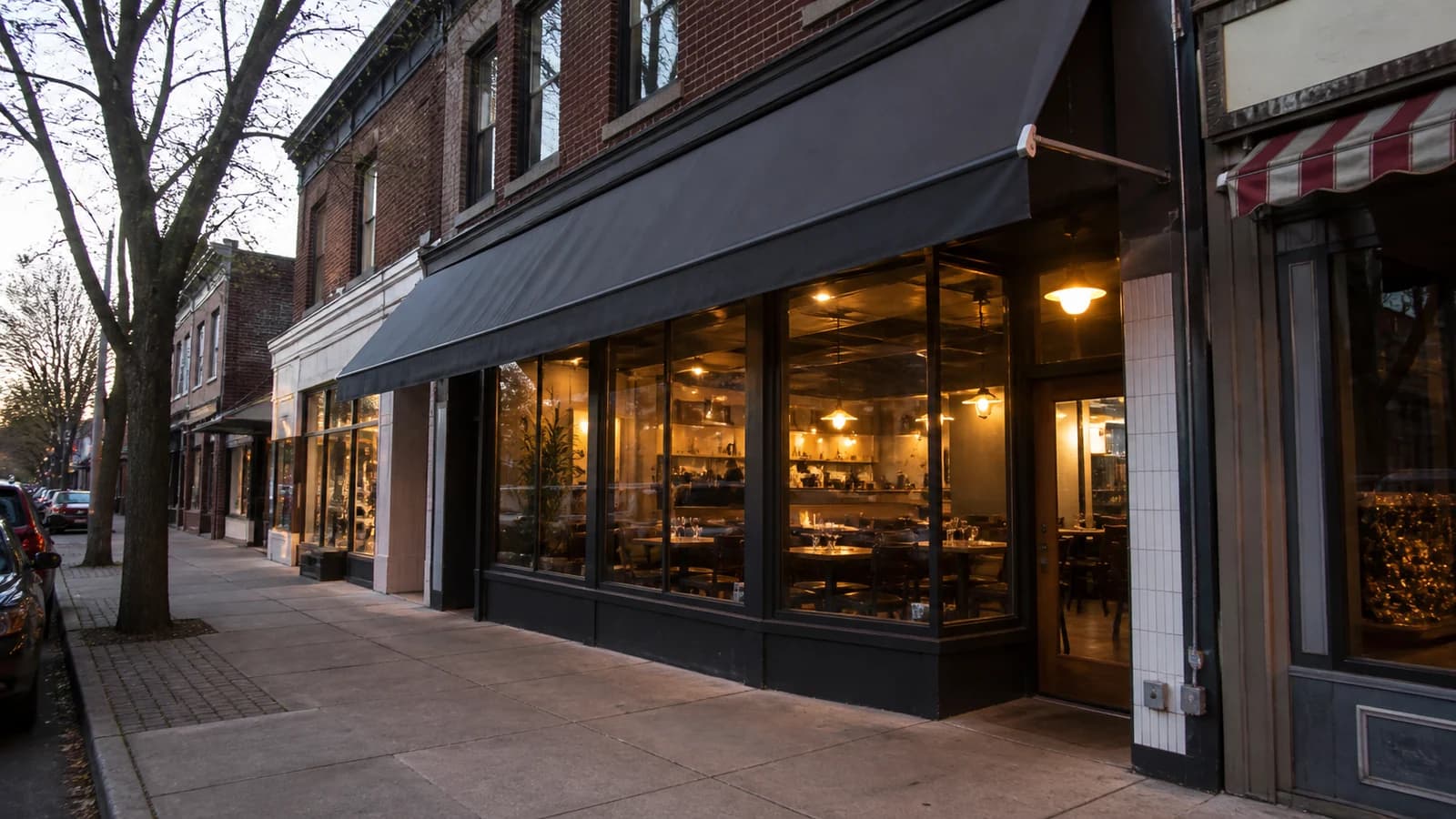 Illustrated repaired restaurant storefront on a Columbus neighborhood commercial street.
