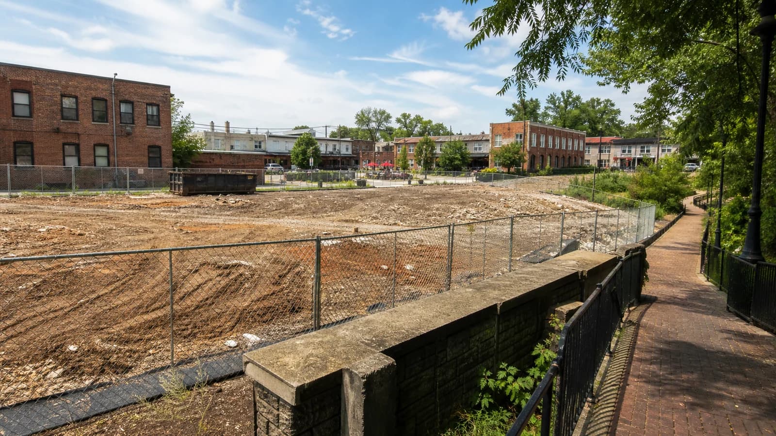 Editorial illustration of a cleared Gahanna parcel beside Big Walnut Creek and civic plaza work.
