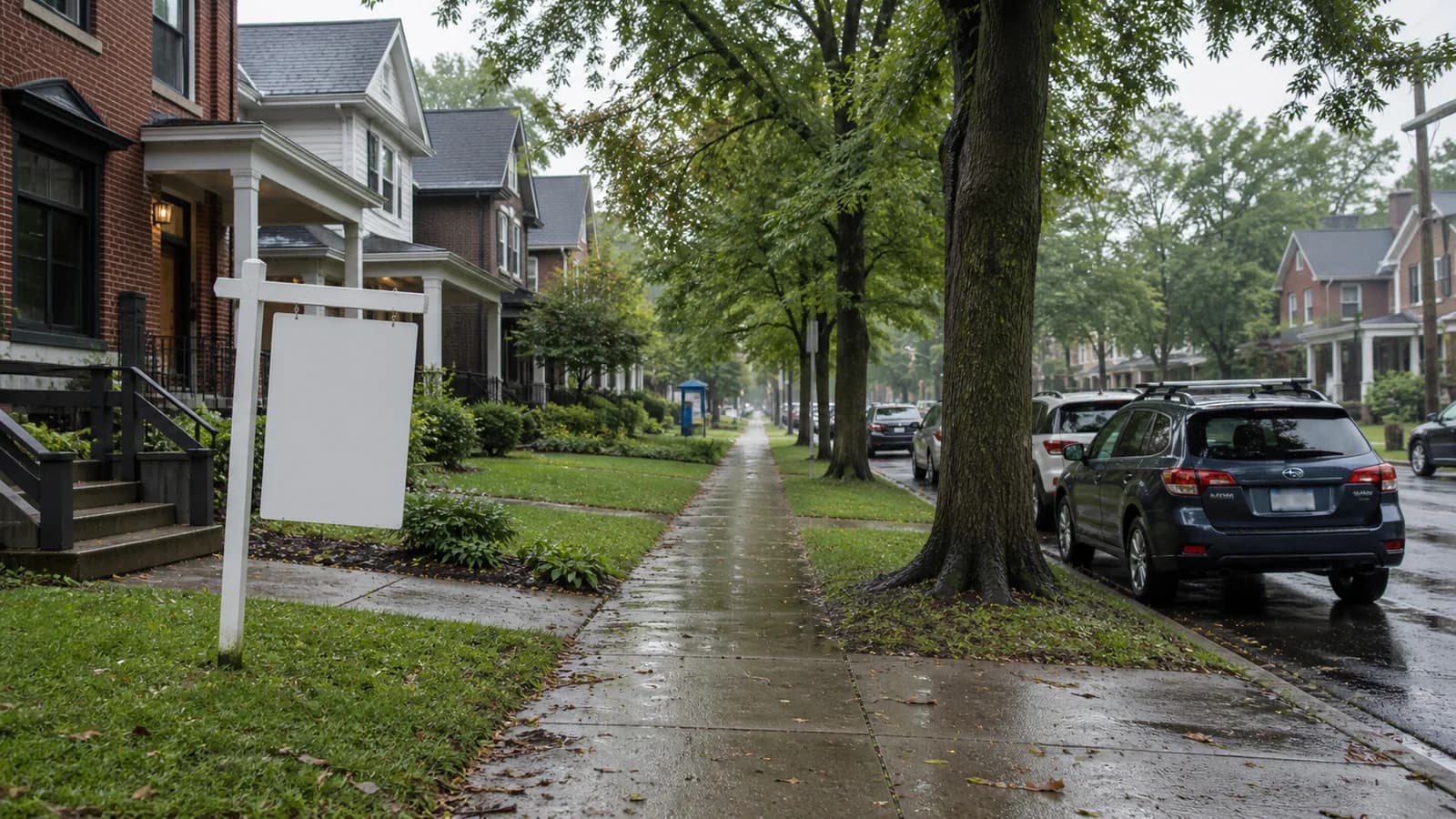 Illustration of a modest Franklin County residential street with older single-family homes and a blank yard sign.