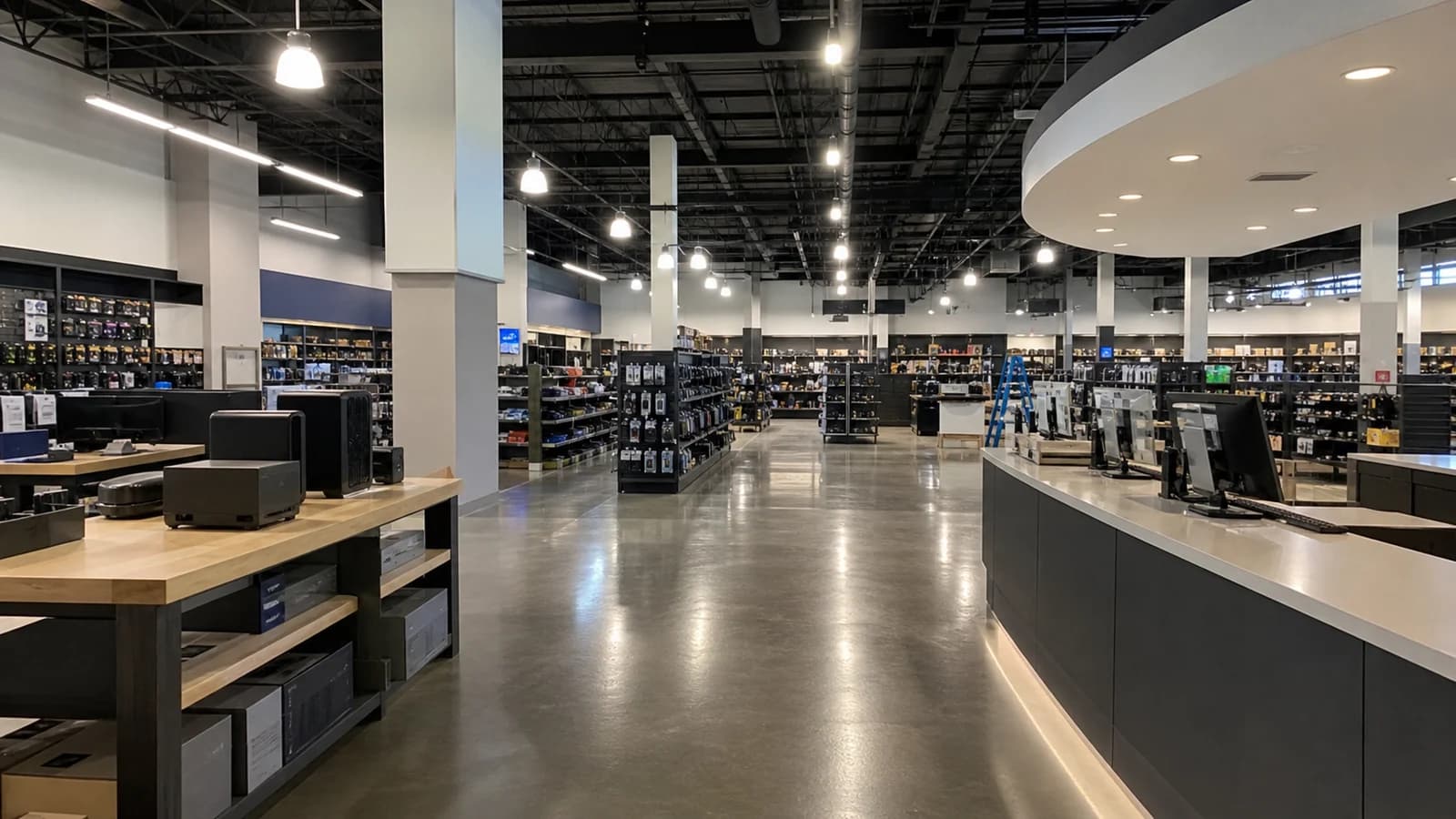 Illustration of a bright electronics store interior with a PC-building workbench and shelves of components.