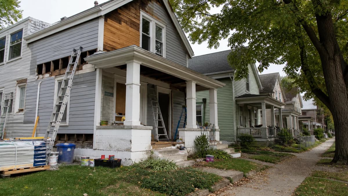 AI-generated illustration of an older neighborhood house with exposed siding and a leaning ladder.