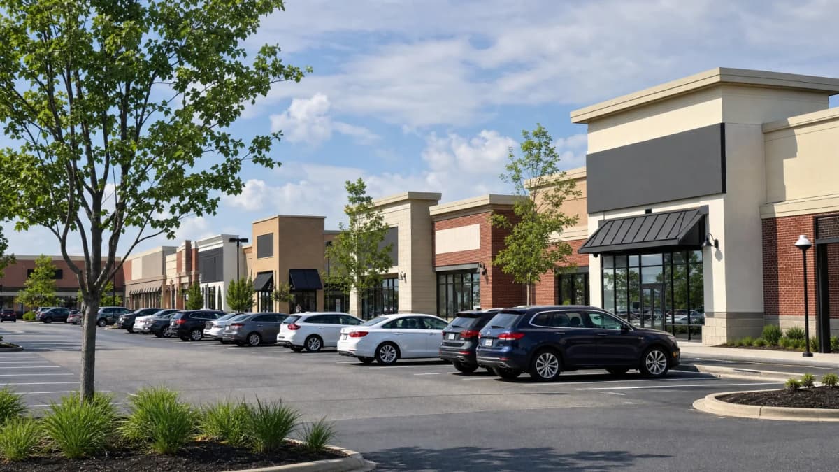 AI-generated illustration of a suburban retail strip with unbranded storefronts and parked cars.