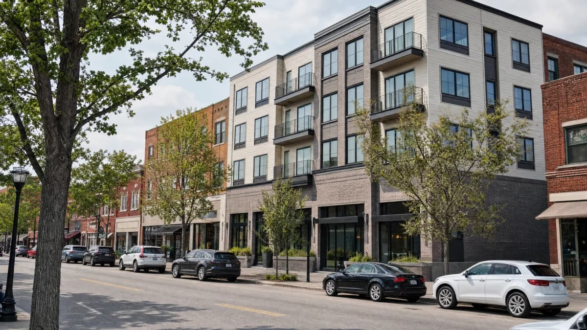 AI-generated illustration of a mixed-use apartment building and parked cars along a commercial street.