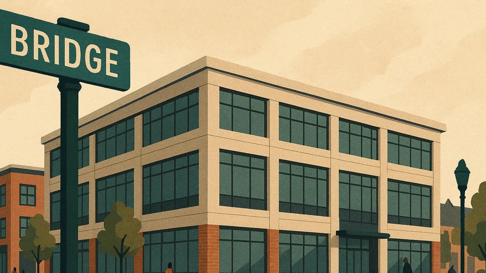 Editorial illustration of a suburban corporate office building representing Northwest Bank's planned Dublin headquarters.