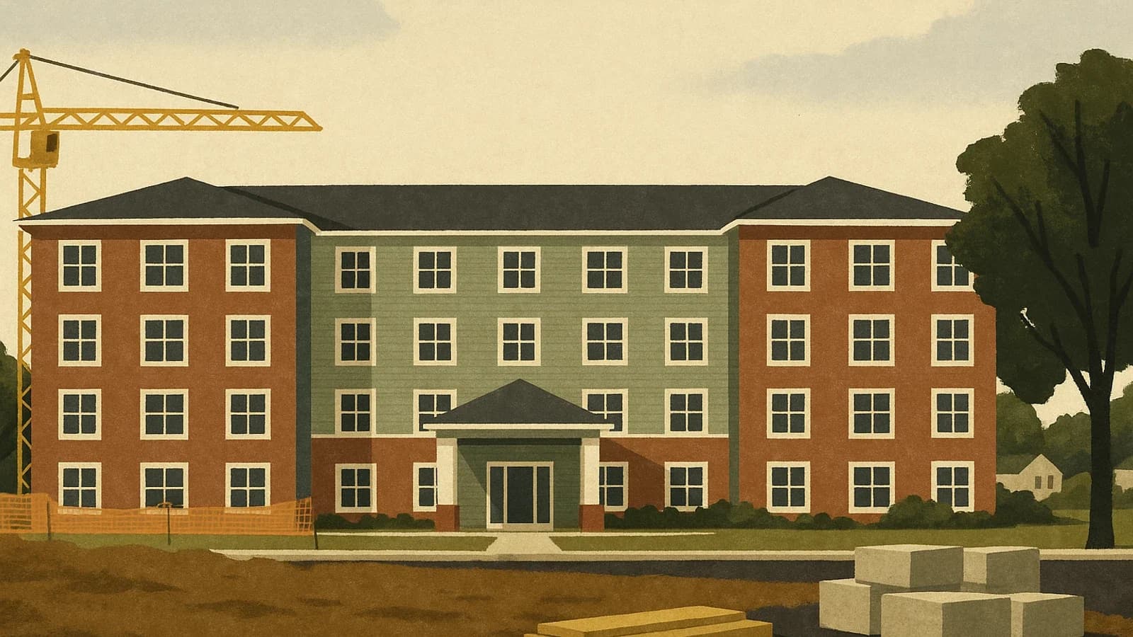 Exterior rendering of a low-rise affordable assisted living building similar to Green Oaks of Walnut Creek in Columbus, Ohio.