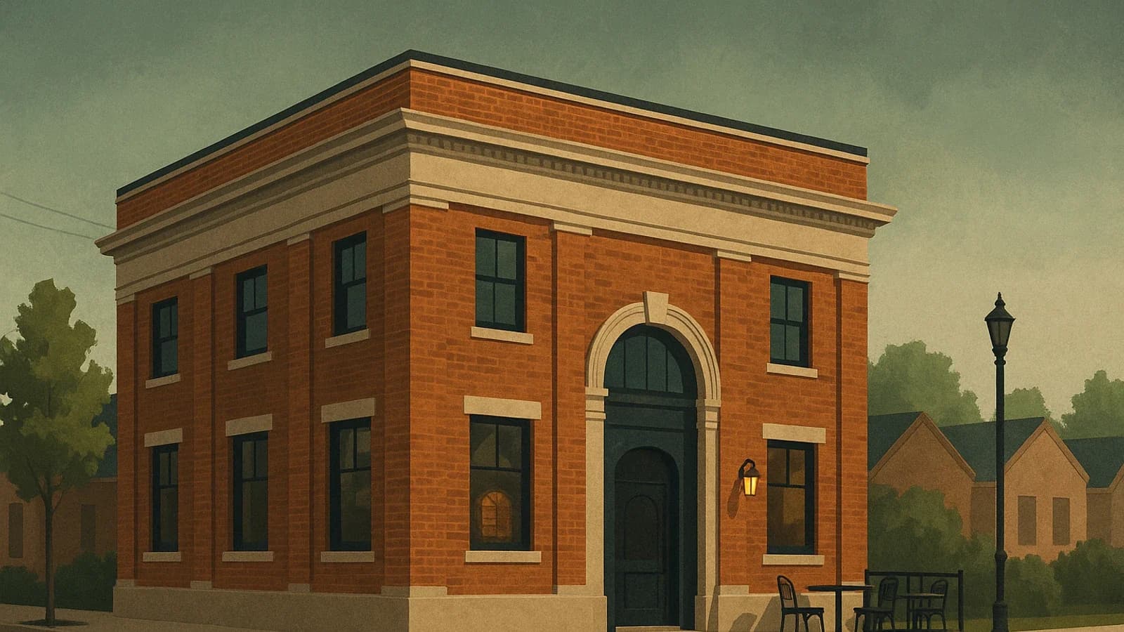 Exterior of a preserved historic bank building on Main Street in Old Hilliard, Ohio, being converted into an Italian restaurant.