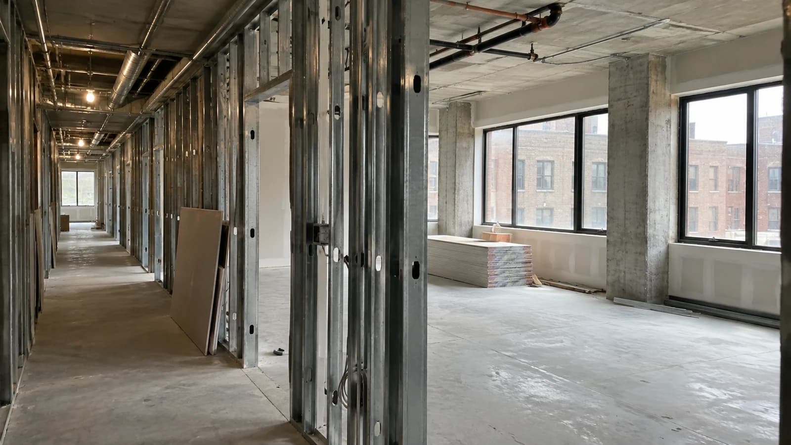 AI-generated illustration of metal partition framing, concrete columns and windows in an unfinished interior.
