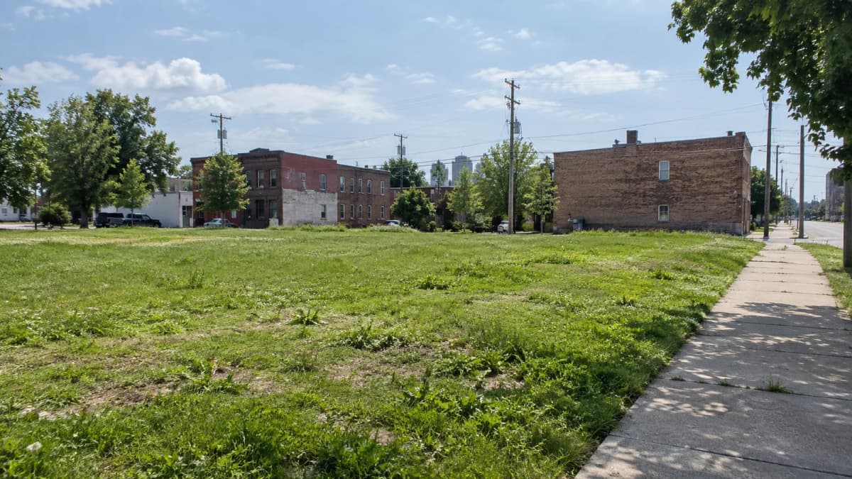 AI-generated illustration of a grassy urban lot beside a sidewalk, older buildings and utility poles.