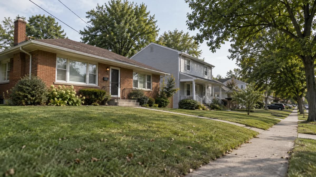 AI-generated illustration of a brick ranch house and neighboring homes beside a residential sidewalk.