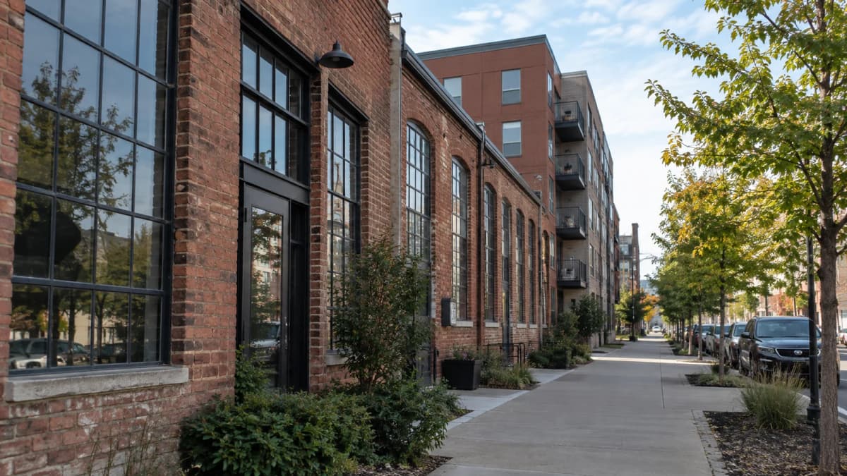 AI-generated illustration of an older brick warehouse beside apartments and a tree-lined sidewalk.