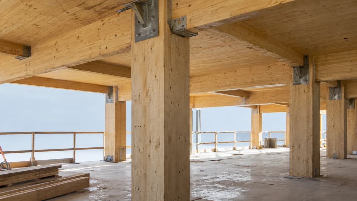 AI-generated illustration of an unfinished mass-timber interior with wooden columns and temporary safety rails.