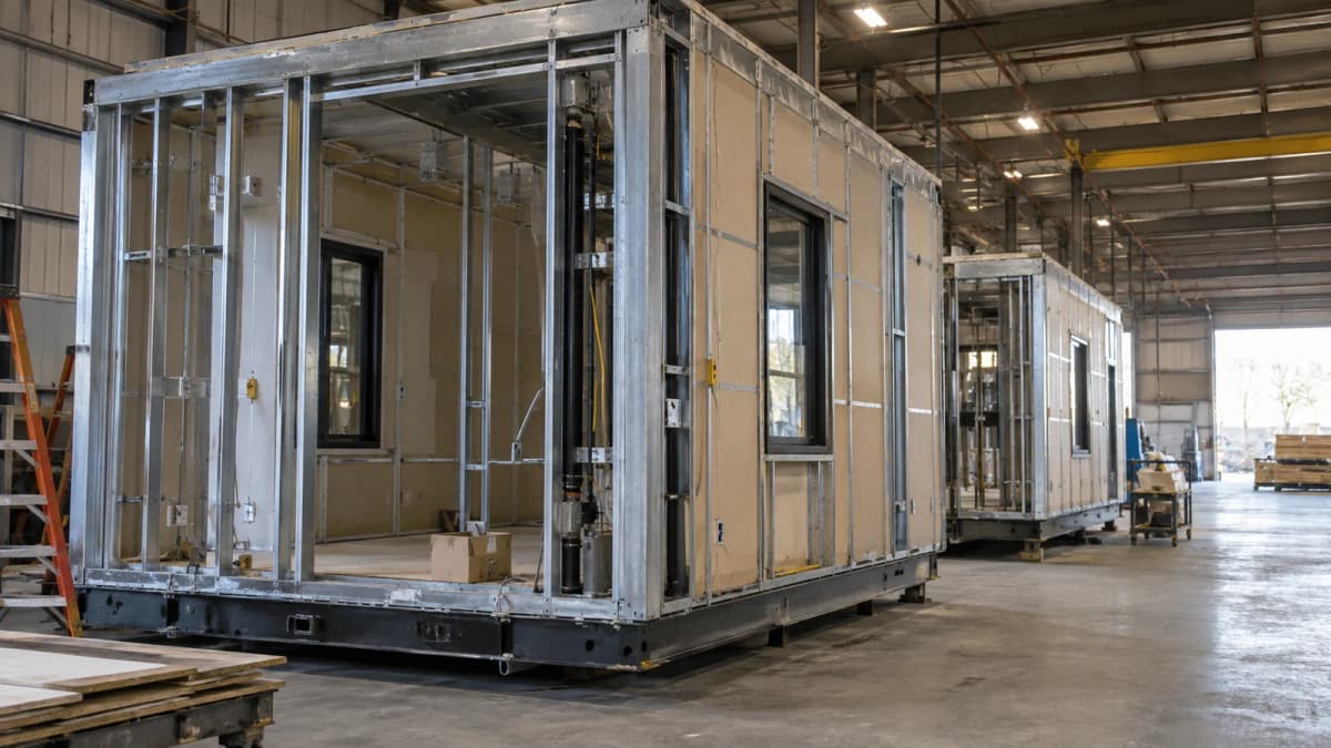 AI-generated illustration of steel-framed apartment modules inside a factory.