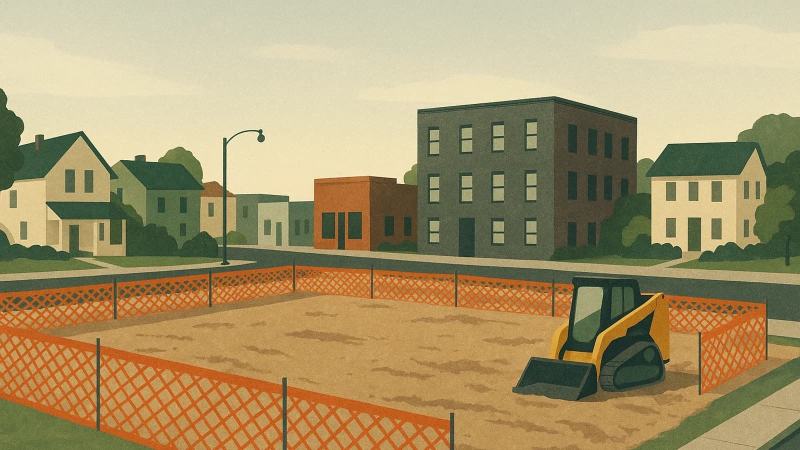 A vacant corner lot at East Broad Street and South Gould Road on Columbus's East Side, future site of 23 permanently affordable land-trust condominiums.