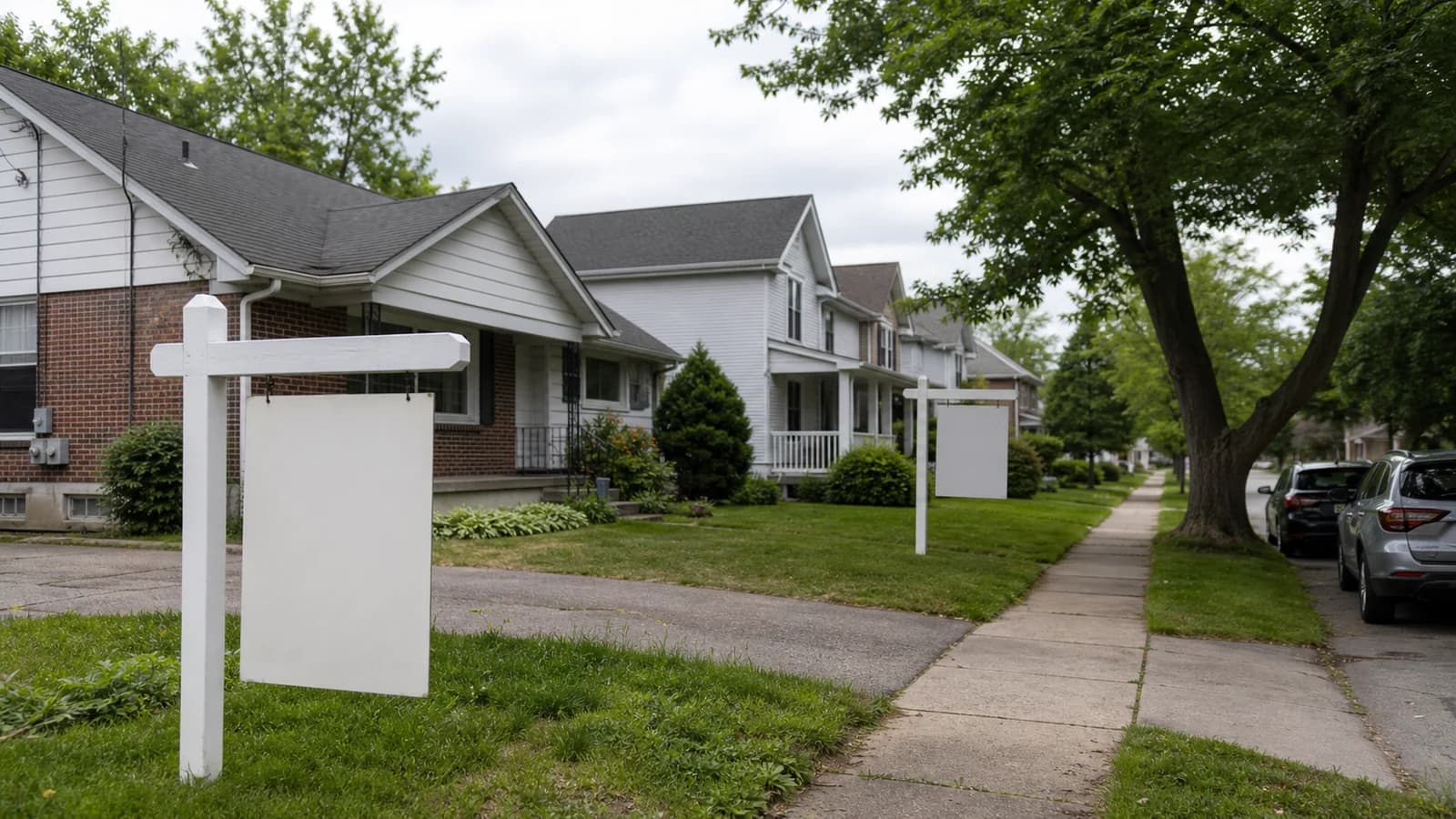 Several distinct Central Ohio homes listed for sale along one residential street.